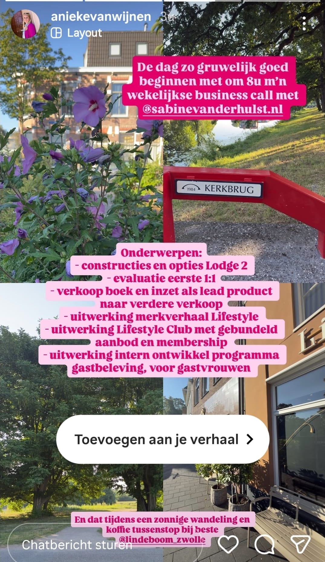 De dag zo gruwelijk goed beginnen met om 8u m'n wekelijkse business call met Sabine. Onderwerpen: constructies en opties Lodge 2, evaluatie eerste 1:1, verkoop boek en inzet als lead product, uitwerking merkverhaal Lifestyle, uitwerking Lifestyle Club met gebundeld aanbod en membership, uitwerking intern ontwikkelprogramma gastbeleving voor gastvrouwen.
