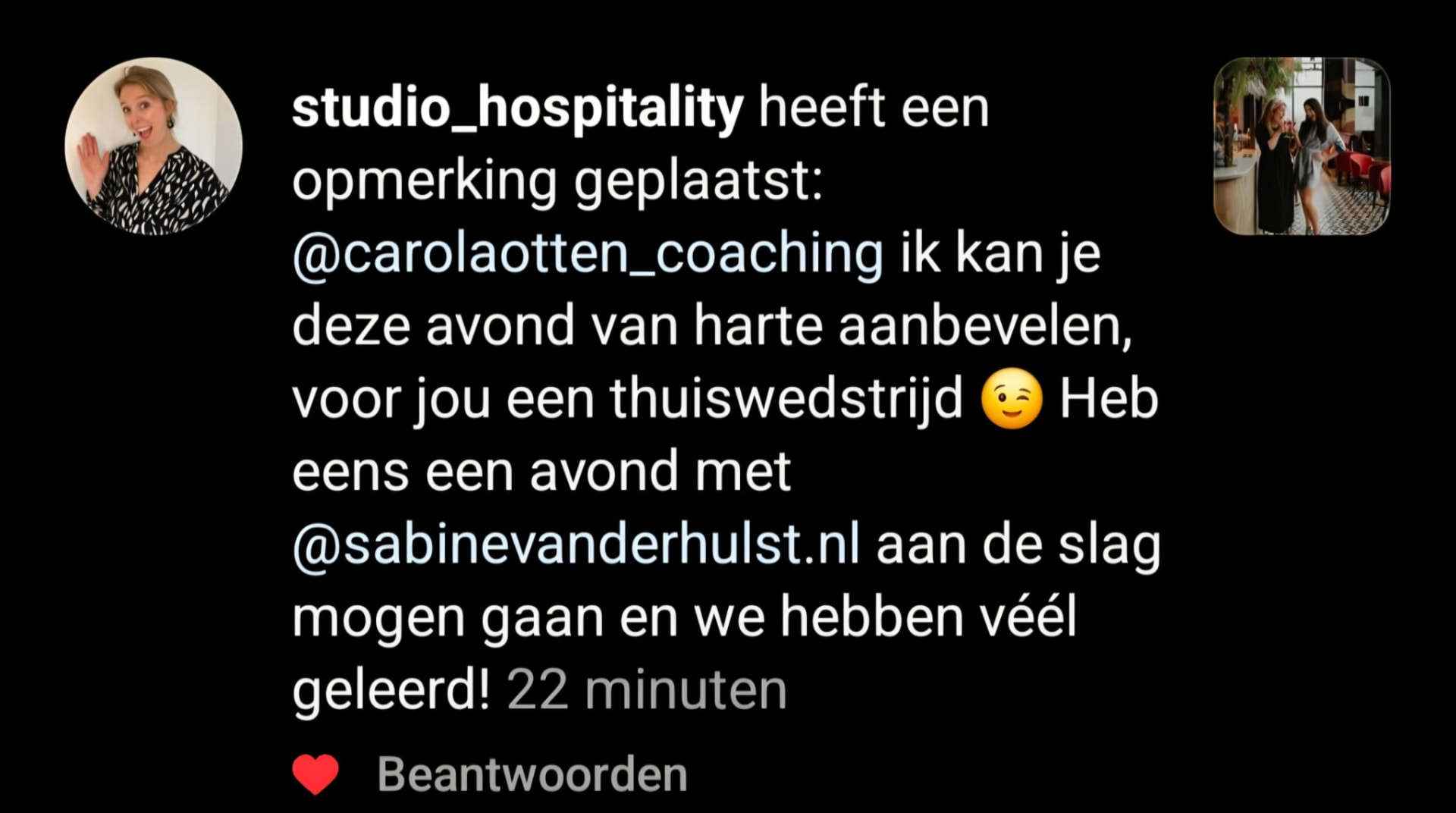 @carolaotten_coaching ik kan je deze avond van harte aanbevelen, voor jou een thuiswedstrijd. Heb eens een avond met @sabinevanderhulst.nl aan de slag mogen gaan en we hebben véél geleerd!
