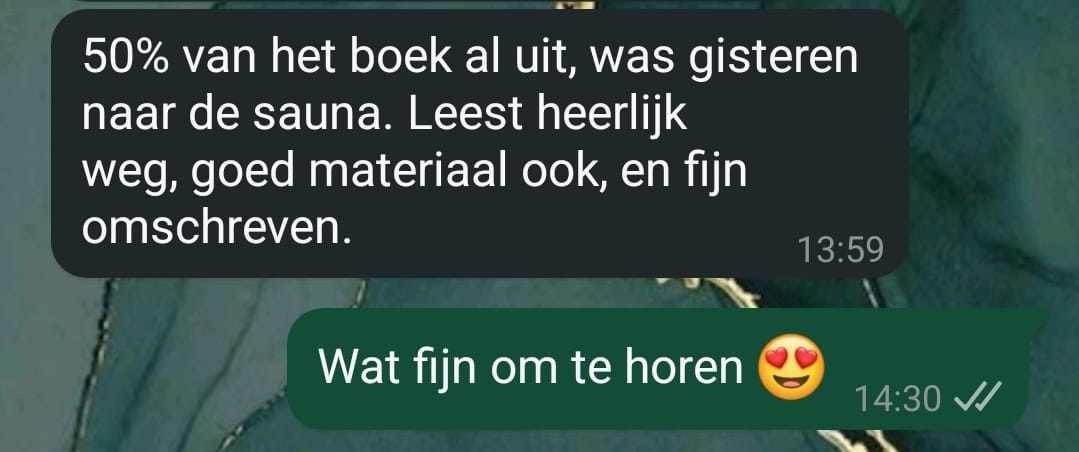 50% van het boek al uit, was gisteren naar de sauna. Leest heerlijk weg, goed materiaal ook, en fijn omschreven.