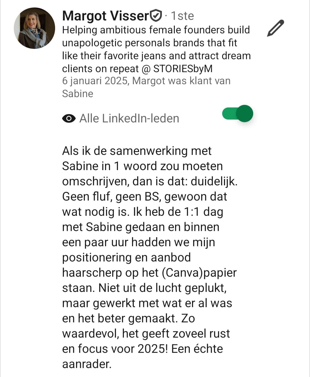 In 1 woord: duidelijk. Geen fluf, geen BS, gewoon dat wat nodig is. Binnen een paar uur stonden mijn positionering en aanbod haarscherp op papier. Zoveel rust en focus voor 2025.